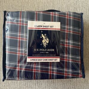 NWOT U.S. Polo Assn. Red and Navy Blue Plaid Queen Sheet Set